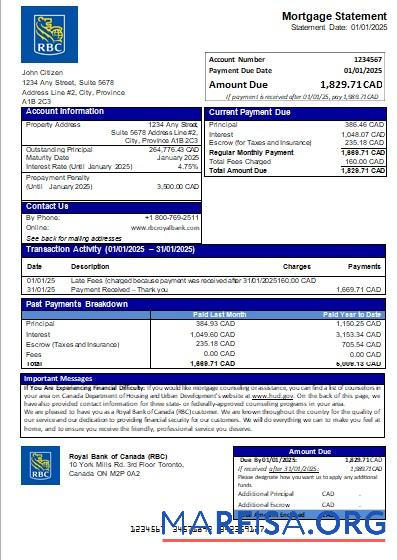 Downloadable Canada Royal Bank of Canada (RBC) bank mortgage statement scr template